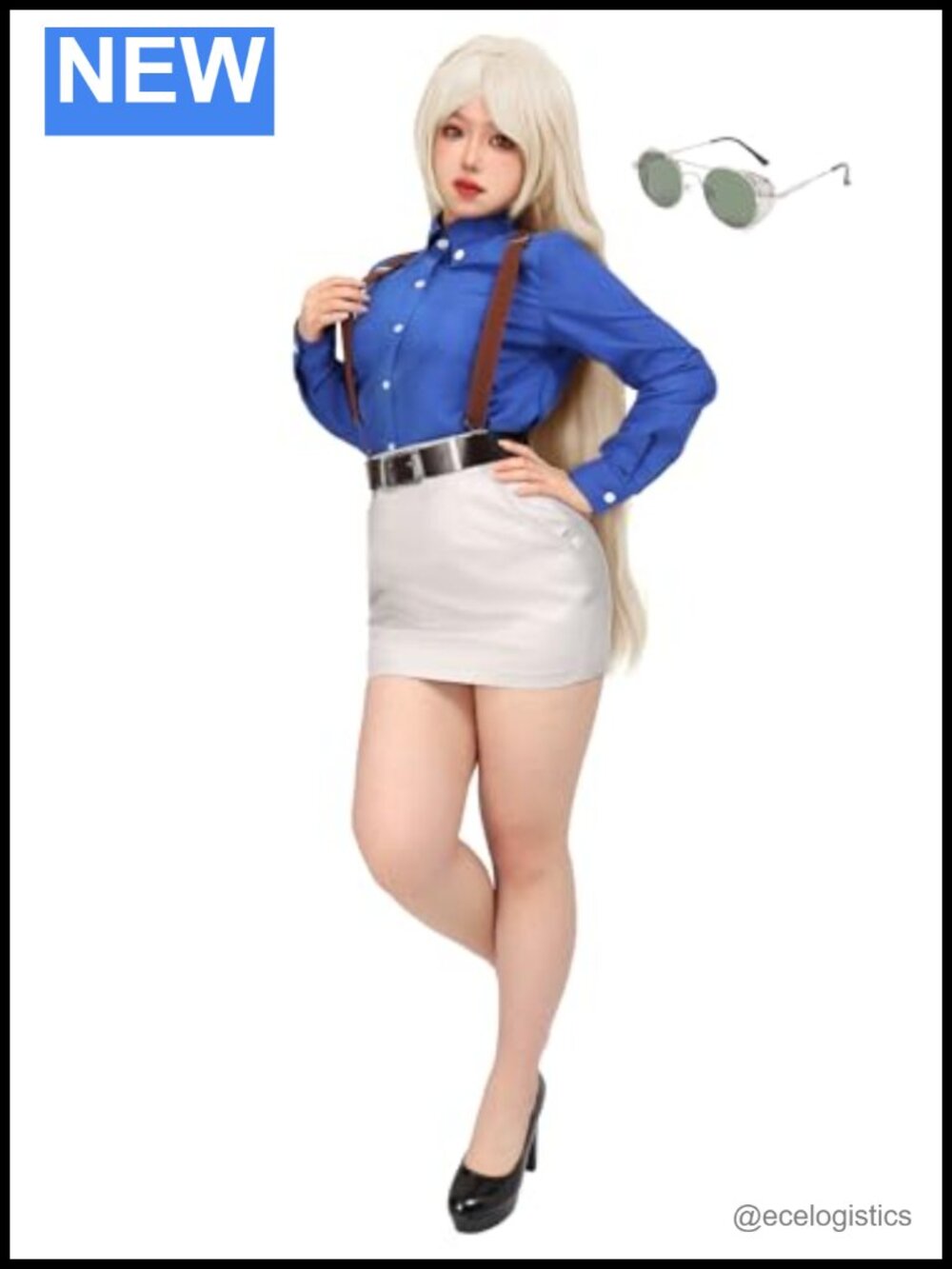Cosplay Costume Set with Necktie, Skirt, Suspenders & Glasses